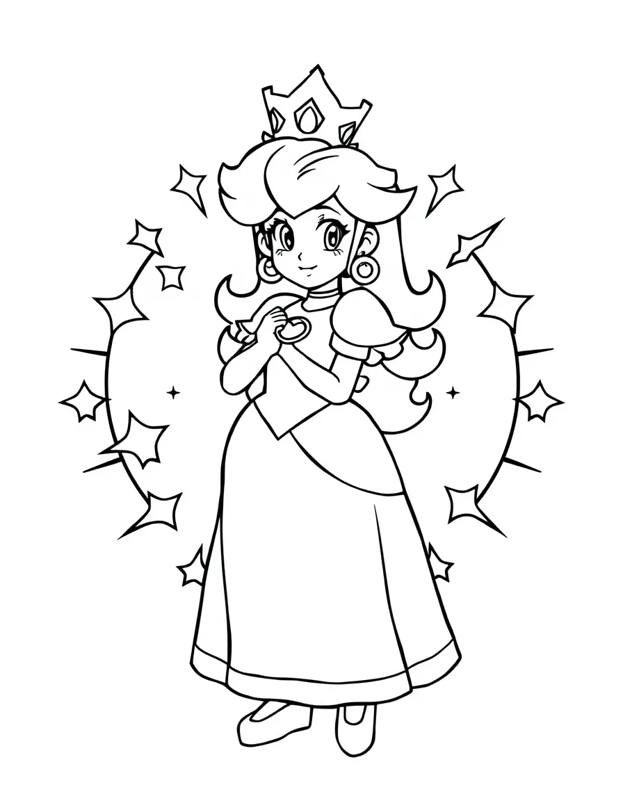 Princess Peach standing proudly in front of their iconic logo with stars and comic-style effects around.