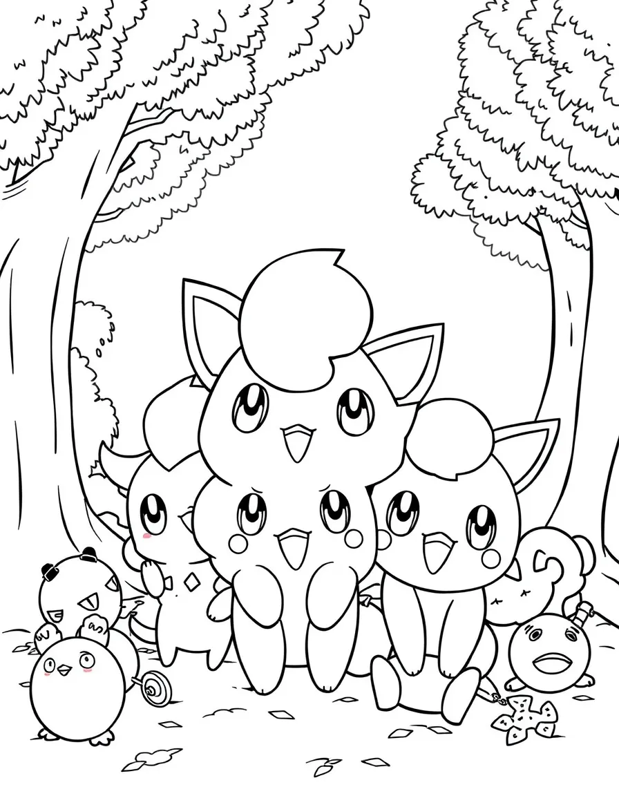 Jigglypuff smiling and posing with their sidekicks, surrounded by trees, toys, or fun backgrounds.