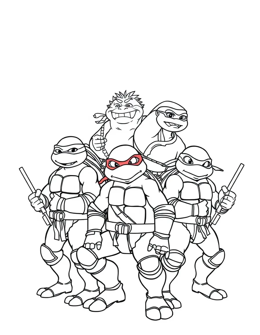 A group coloring page featuring Teenage Mutant Ninja Turtles with other characters from the same show or movie.