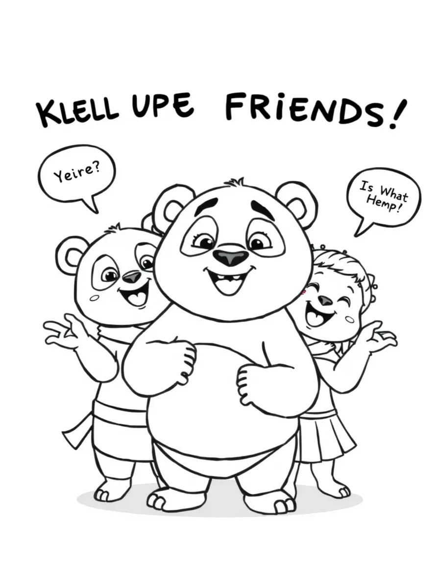 A cartoon-style drawing of Kung Fu Panda helping friends, with speech bubbles and cheerful faces.