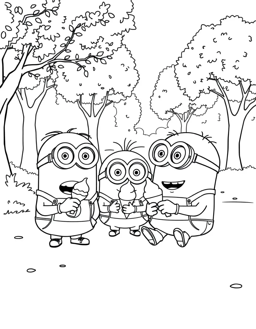 Minions enjoying a day off, eating ice cream or playing with friends in a park setting.