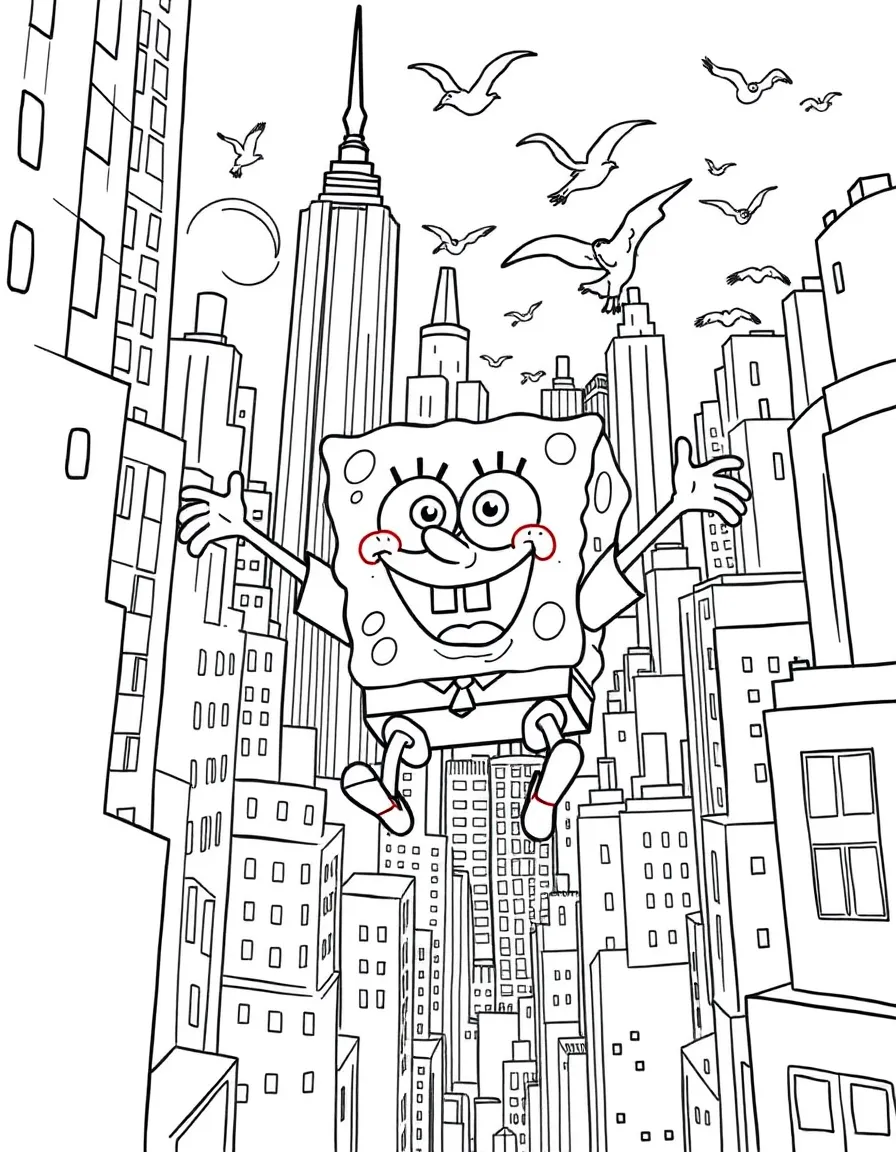 A fun and detailed coloring page of SpongeBob SquarePants swinging through a city full of tall buildings and birds.