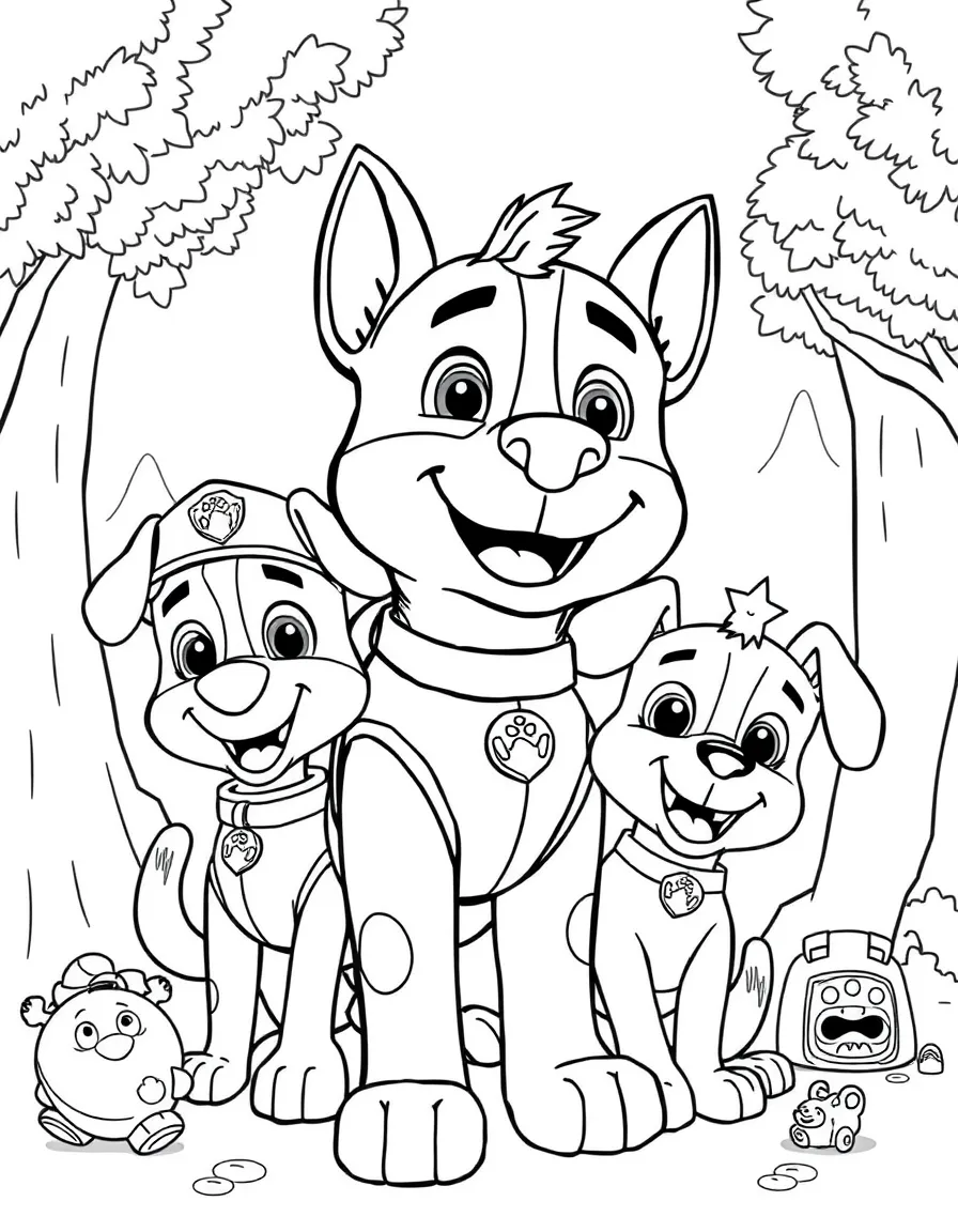Marshall smiling and posing with their sidekicks, surrounded by trees, toys, or fun backgrounds.