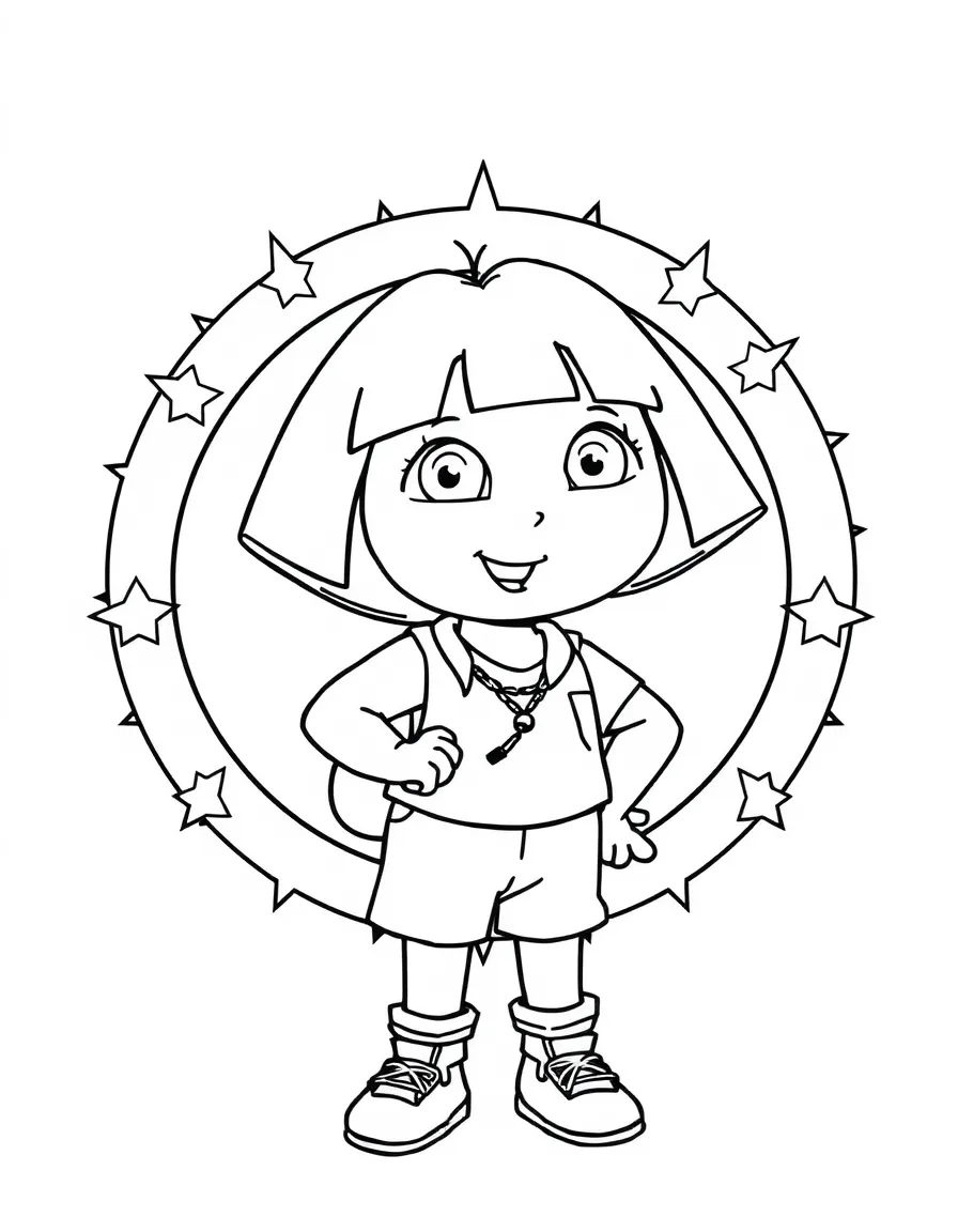 Dora the Explorer standing proudly in front of their iconic logo with stars and comic-style effects around.