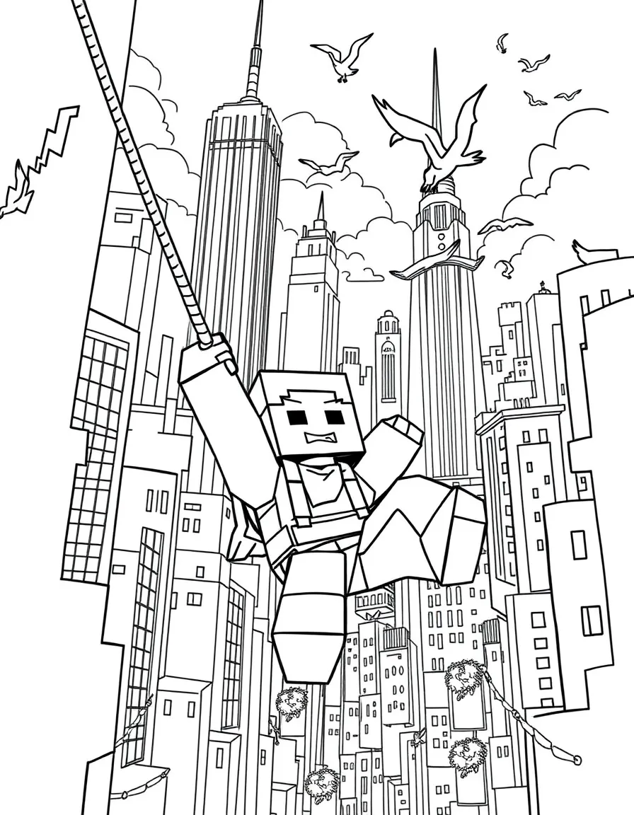 A fun and detailed coloring page of Minecraft swinging through a city full of tall buildings and birds.
