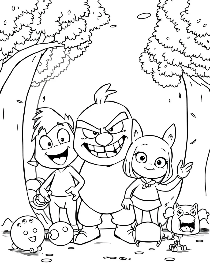 Anger smiling and posing with their sidekicks, surrounded by trees, toys, or fun backgrounds.