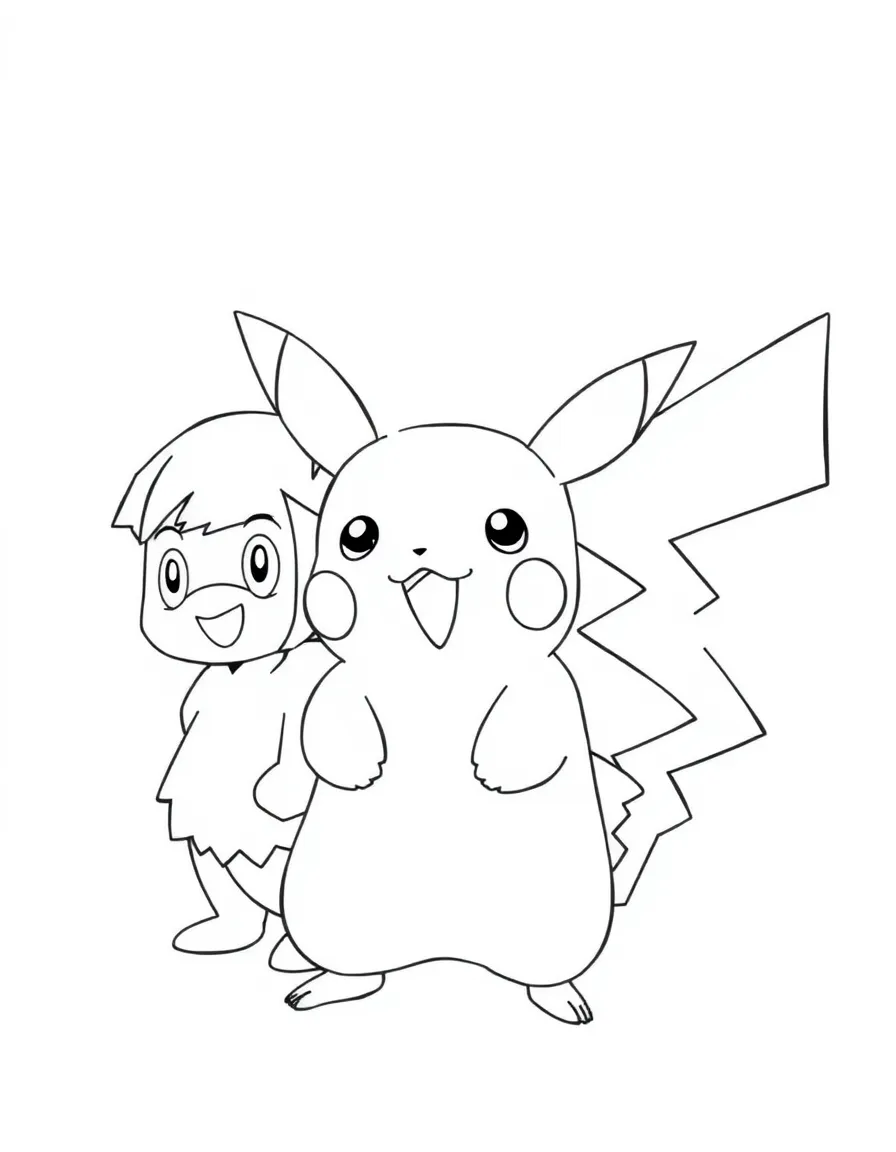 A group coloring page featuring Pikachu with other characters from the same show or movie.