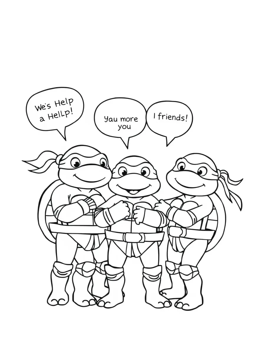 A cartoon-style drawing of Teenage Mutant Ninja Turtles helping friends, with speech bubbles and cheerful faces.