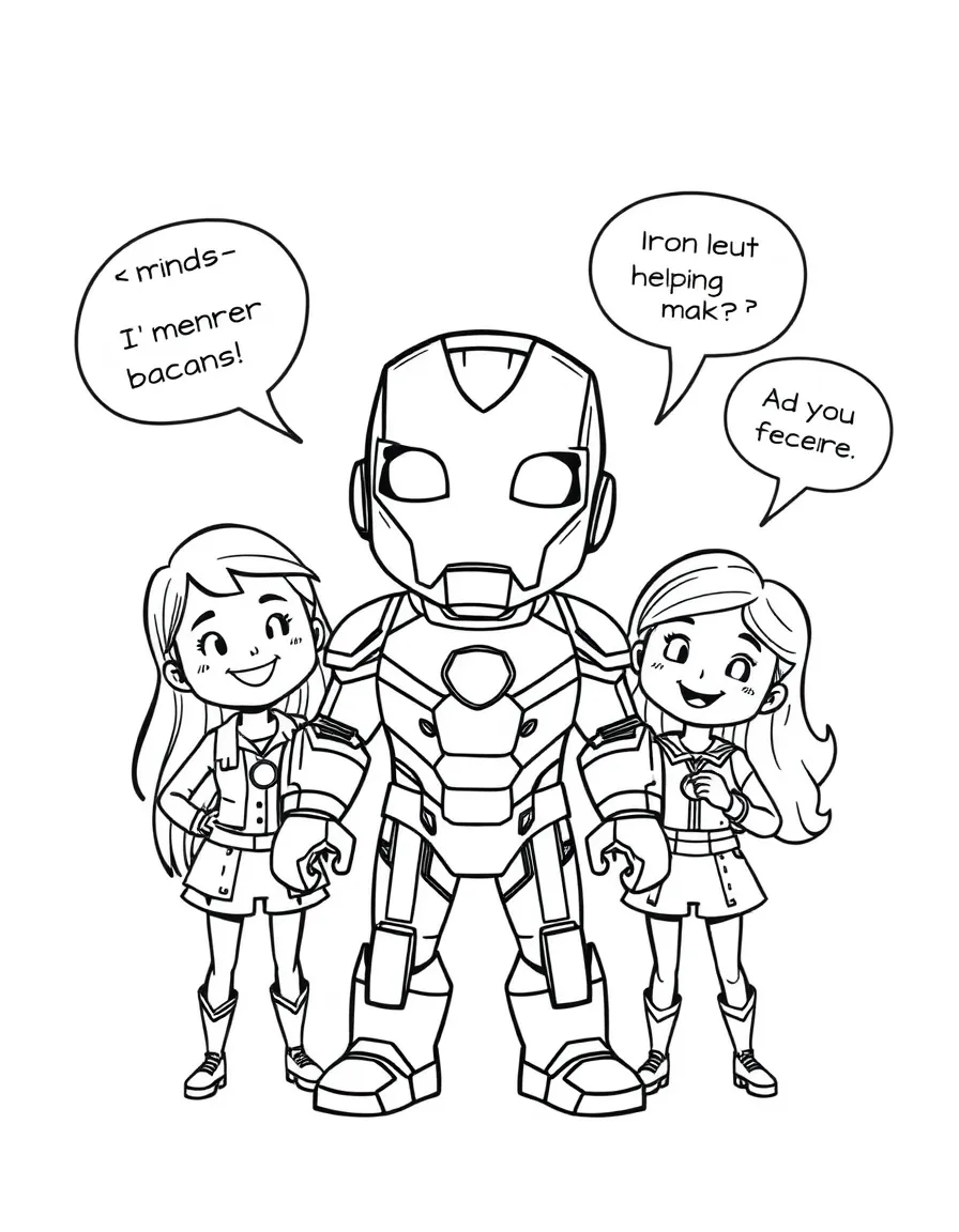 A cartoon-style drawing of Iron Man helping friends, with speech bubbles and cheerful faces.