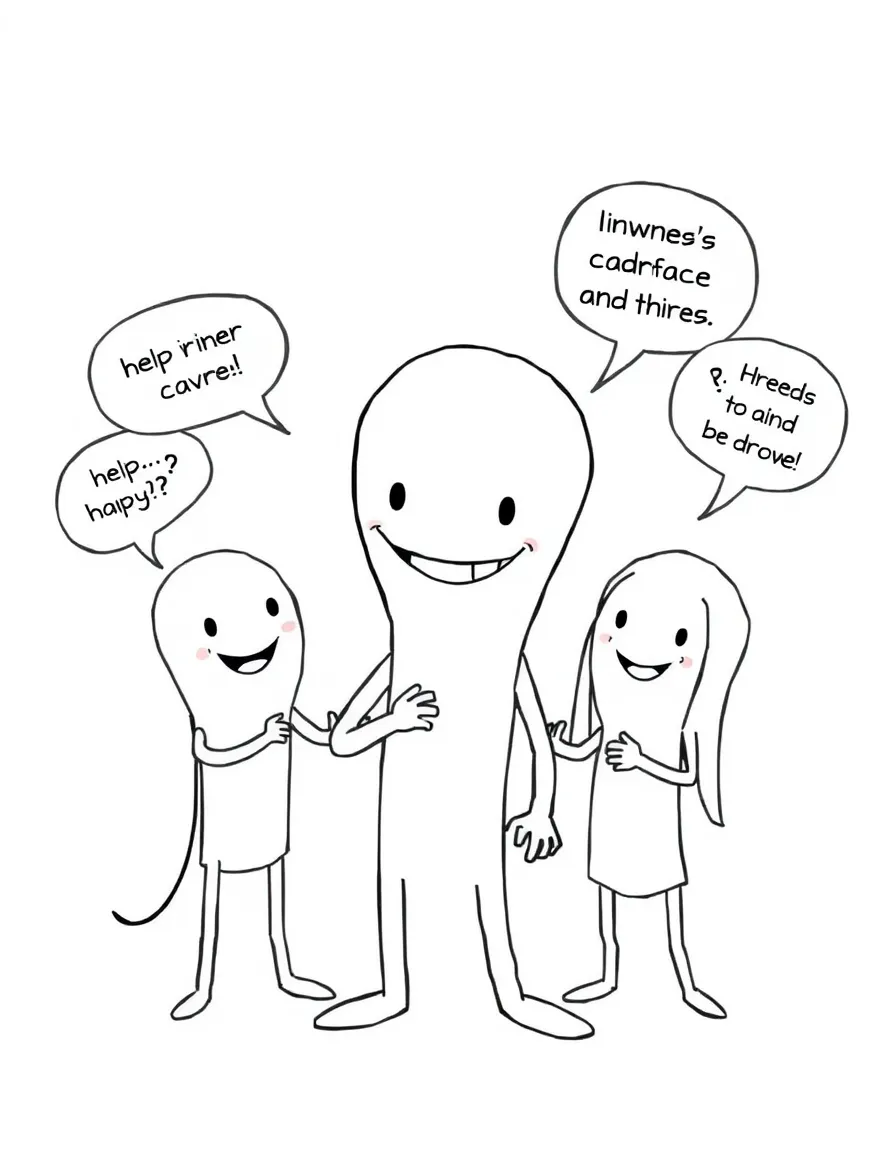 A cartoon-style drawing of Enderman helping friends, with speech bubbles and cheerful faces.
