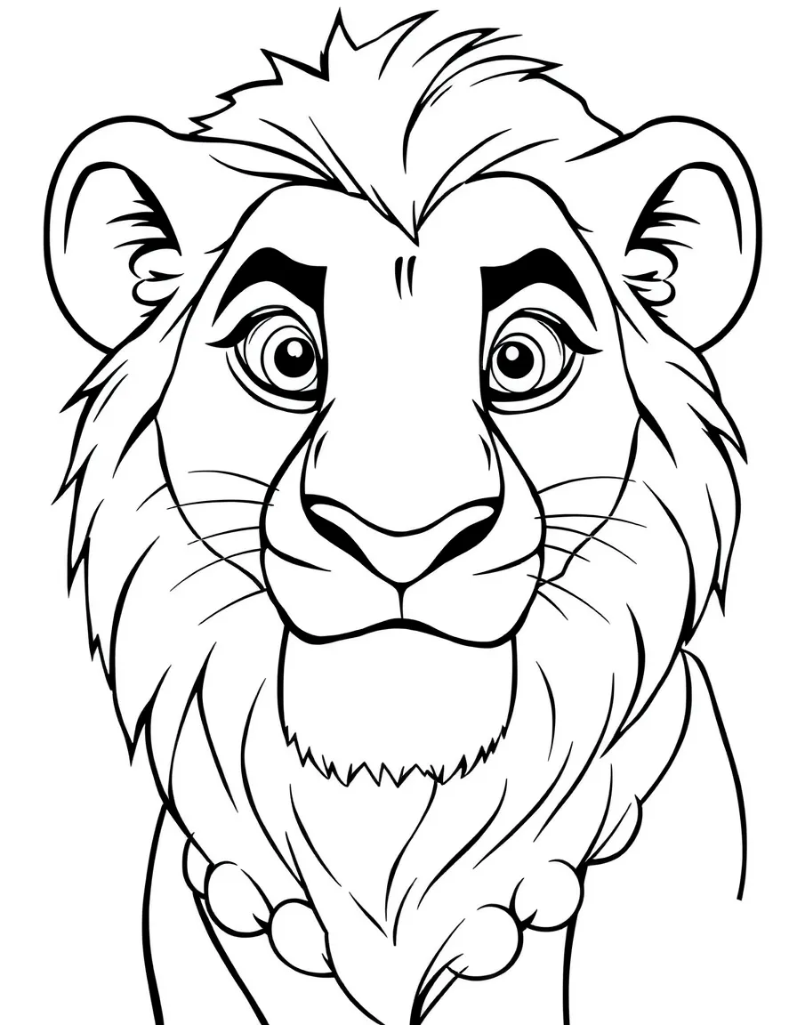A close-up of The Lion King's face in bold lines with expressive eyes and detailed costume elements.