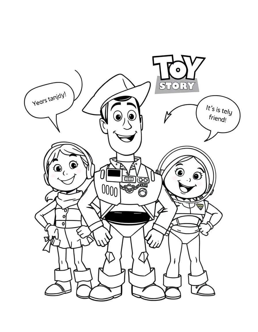 A cartoon-style drawing of Toy Story helping friends, with speech bubbles and cheerful faces.