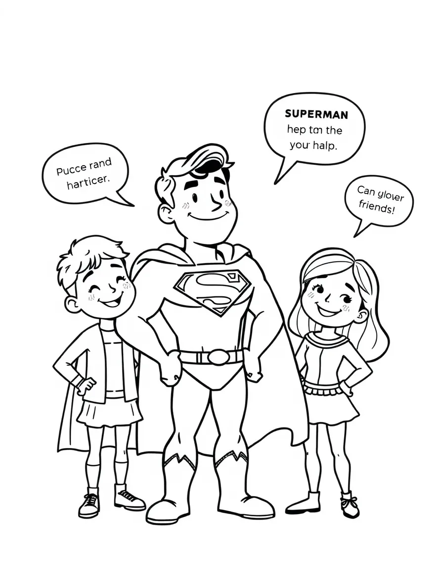 A cartoon-style drawing of Superman helping friends, with speech bubbles and cheerful faces.