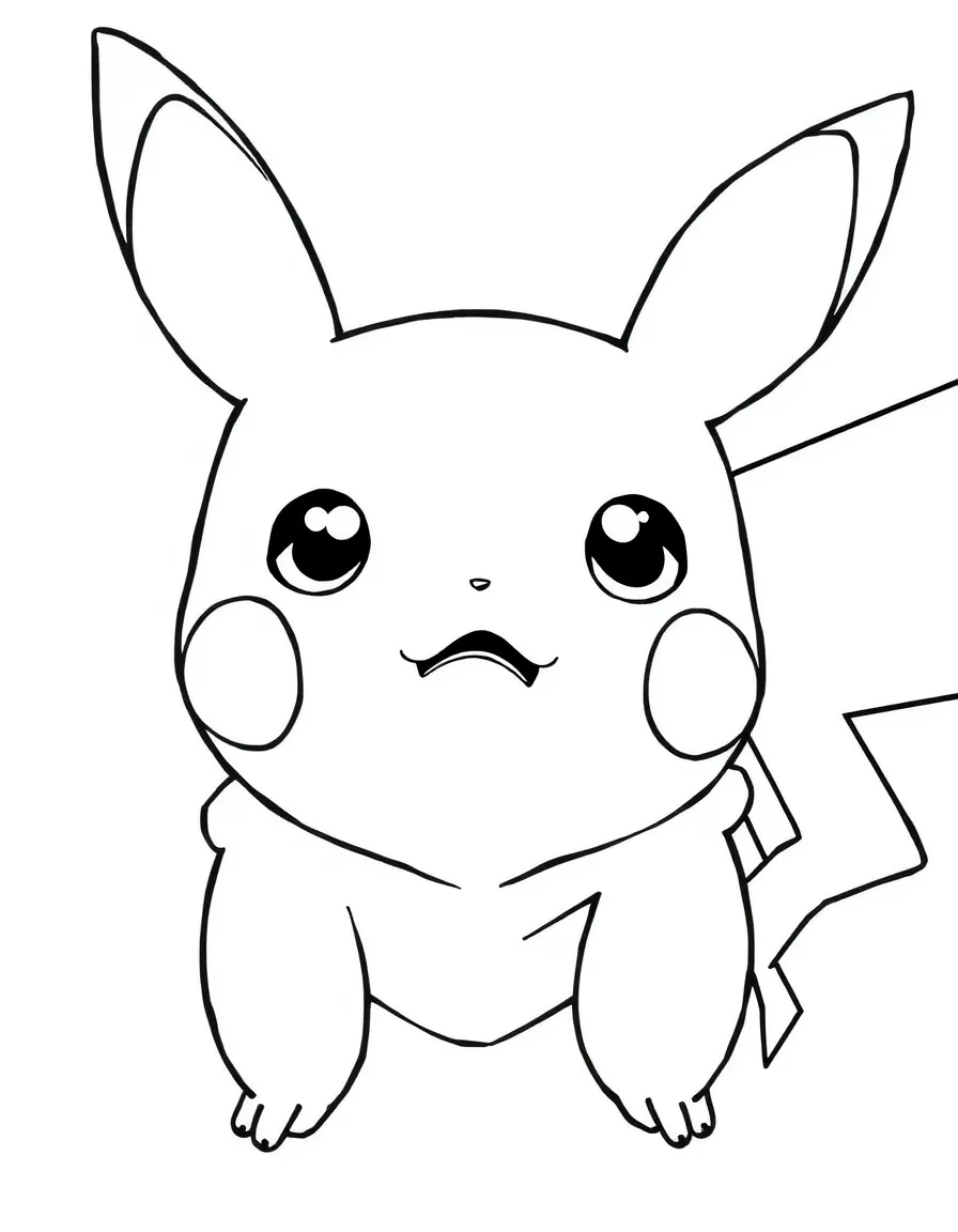A close-up of Pikachu's face in bold lines with expressive eyes and detailed costume elements.