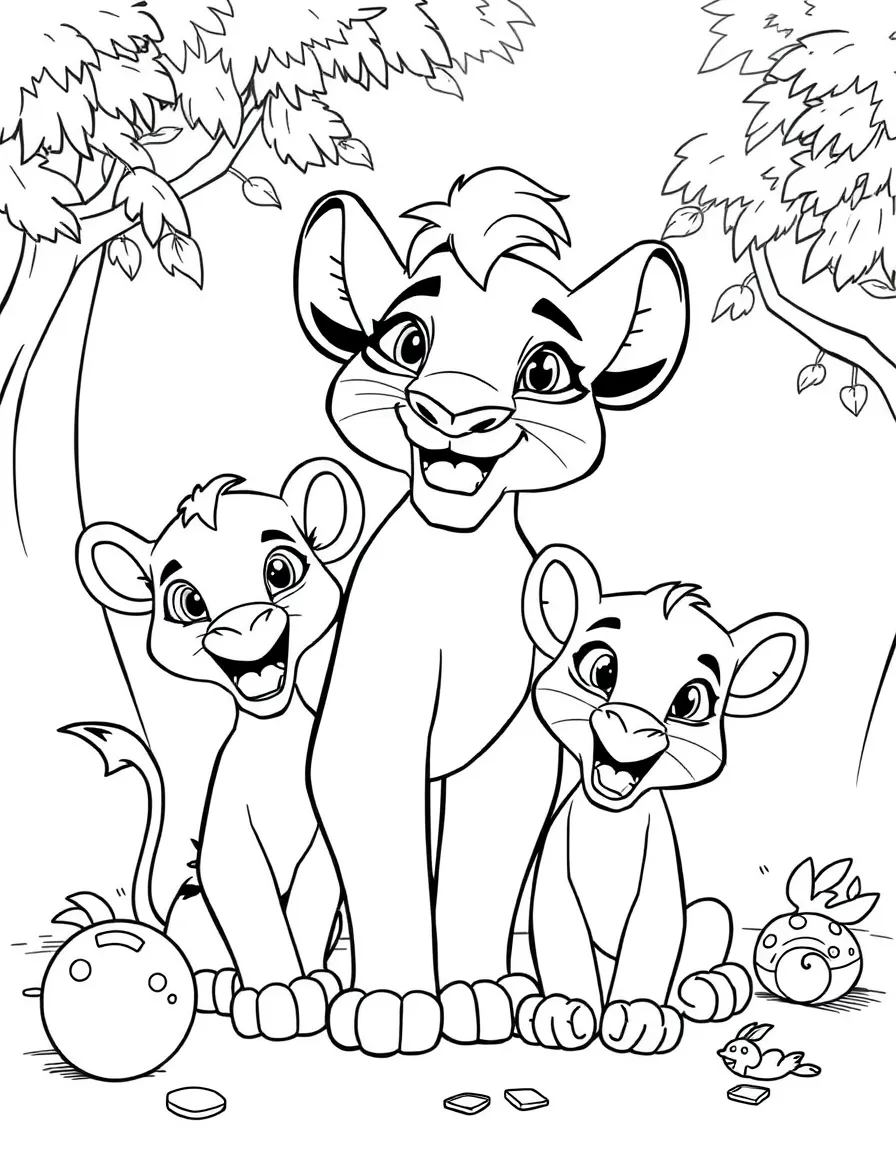 Nala smiling and posing with their sidekicks, surrounded by trees, toys, or fun backgrounds.