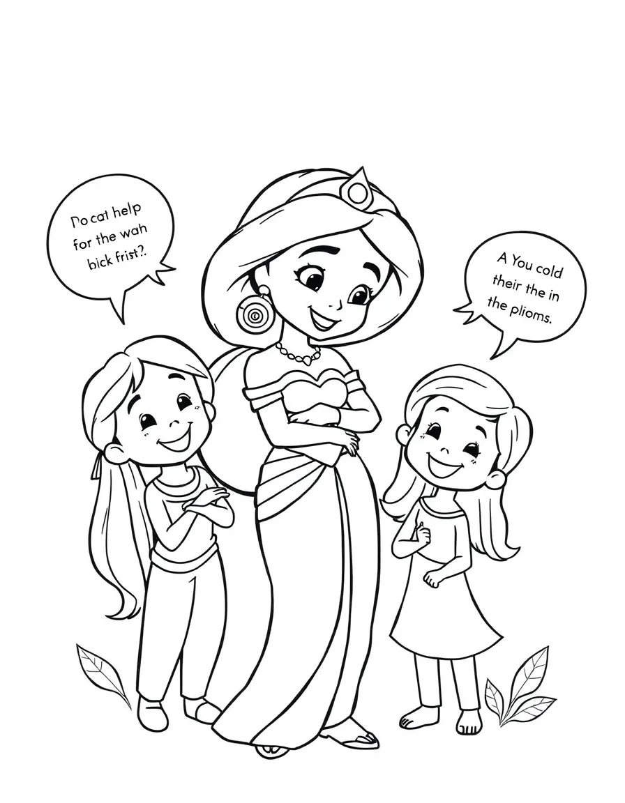 A cartoon-style drawing of Jasmine helping friends, with speech bubbles and cheerful faces.