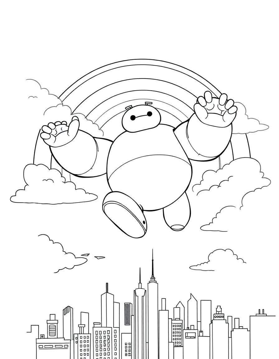 Big Hero 6 flying through the clouds with a rainbow behind and city skyline below.