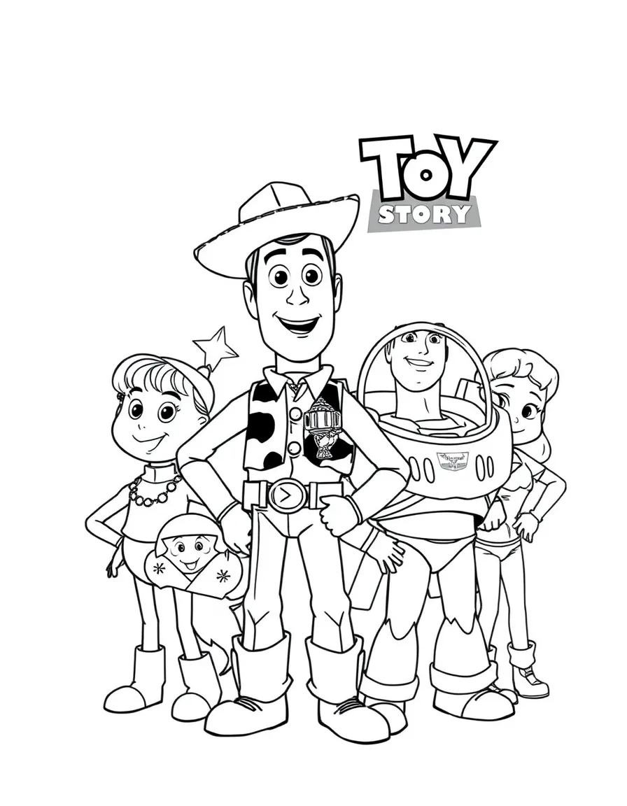 A group coloring page featuring Toy Story with other characters from the same show or movie.