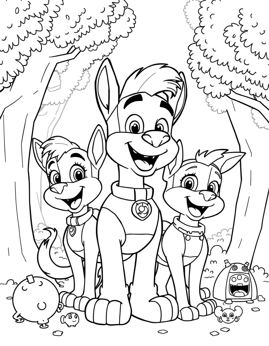 Chase smiling and posing with their sidekicks, surrounded by trees, toys, or fun backgrounds.