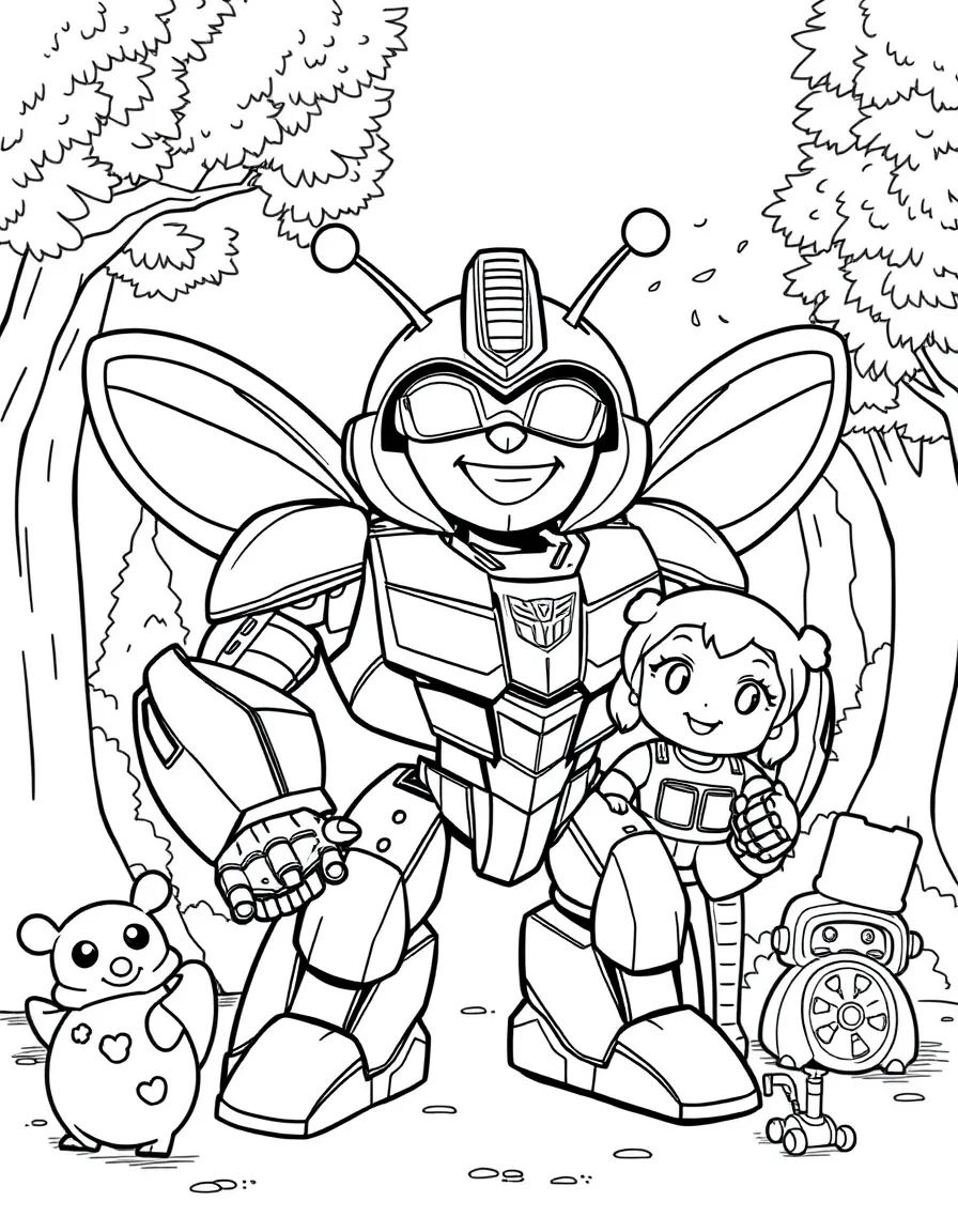 Bumblebee smiling and posing with their sidekicks, surrounded by trees, toys, or fun backgrounds.