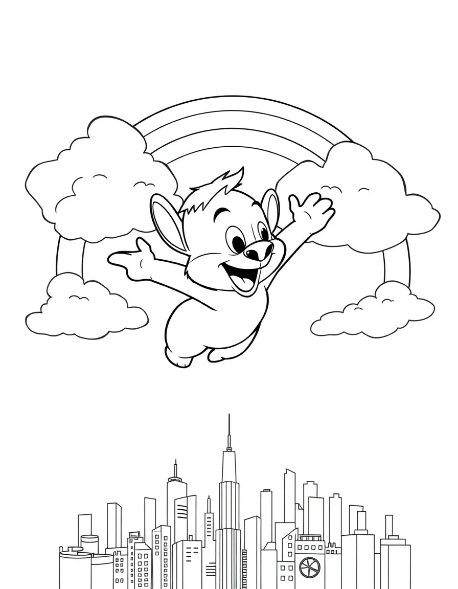 Timon flying through the clouds with a rainbow behind and city skyline below.