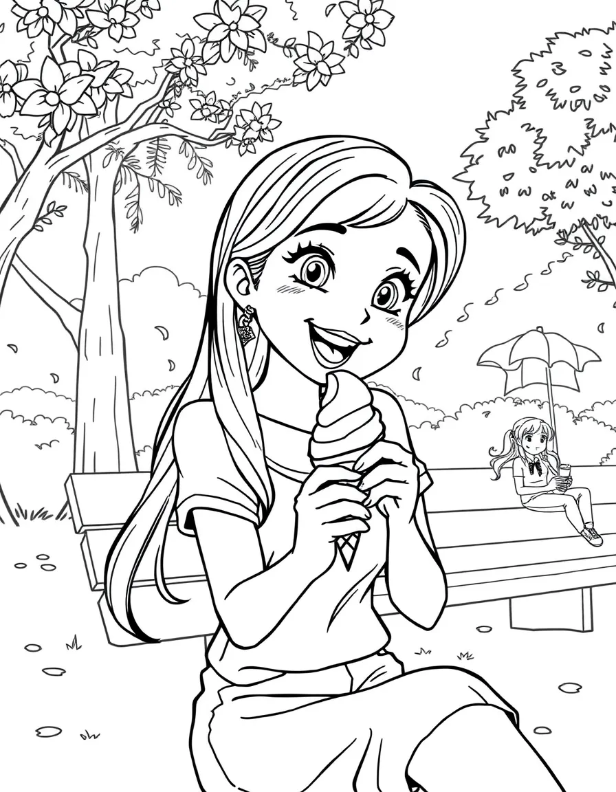 Luisa enjoying a day off, eating ice cream or playing with friends in a park setting.