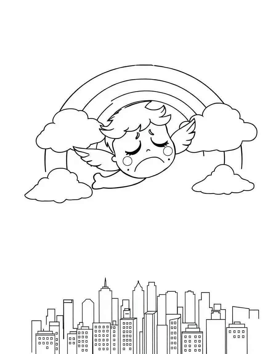 Sadness flying through the clouds with a rainbow behind and city skyline below.