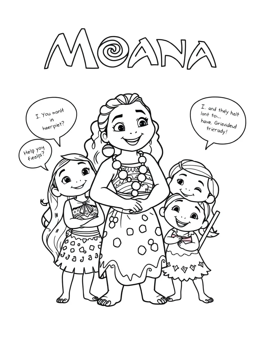 A cartoon-style drawing of Moana helping friends, with speech bubbles and cheerful faces.
