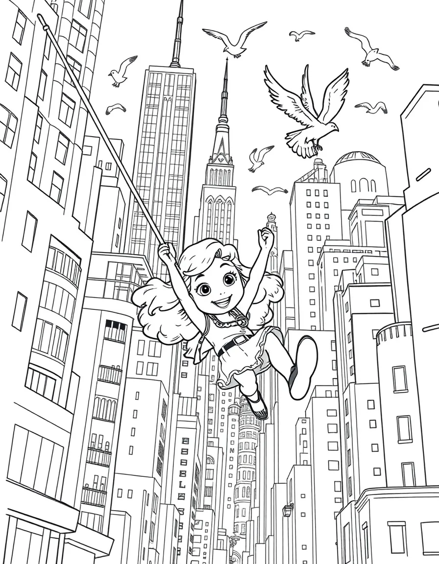 A fun and detailed coloring page of Coco swinging through a city full of tall buildings and birds.