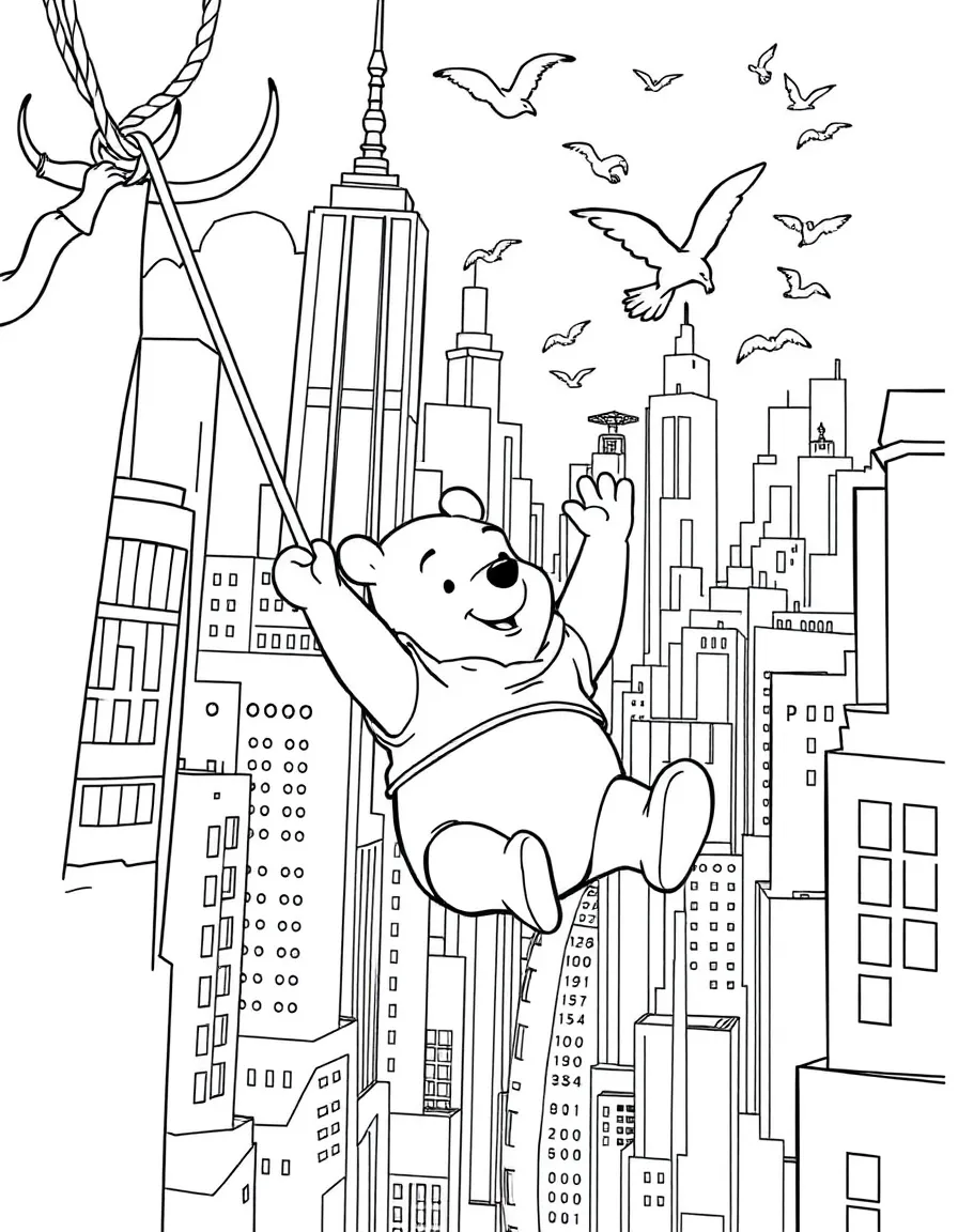 A fun and detailed coloring page of Winnie the Pooh swinging through a city full of tall buildings and birds.