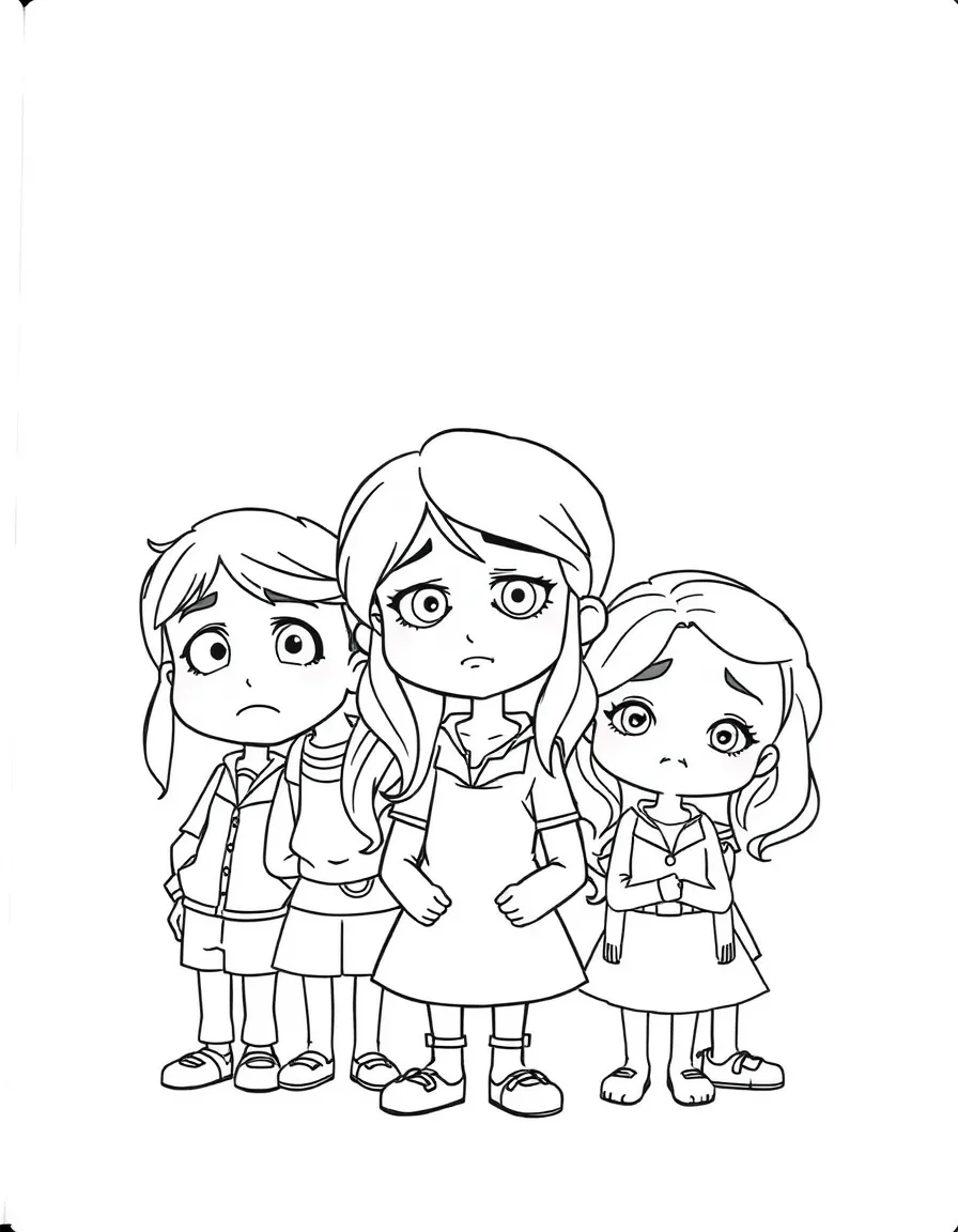 A group coloring page featuring Sadness with other characters from the same show or movie.