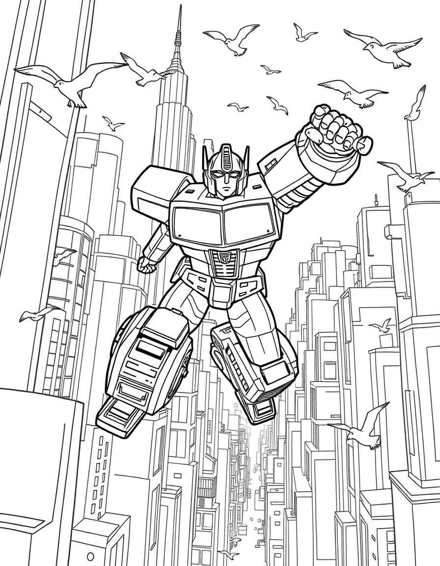A fun and detailed coloring page of Optimus Prime swinging through a city full of tall buildings and birds.