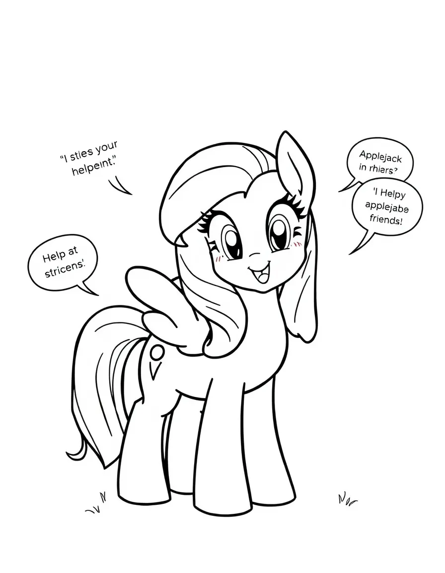 A cartoon-style drawing of Applejack helping friends, with speech bubbles and cheerful faces.