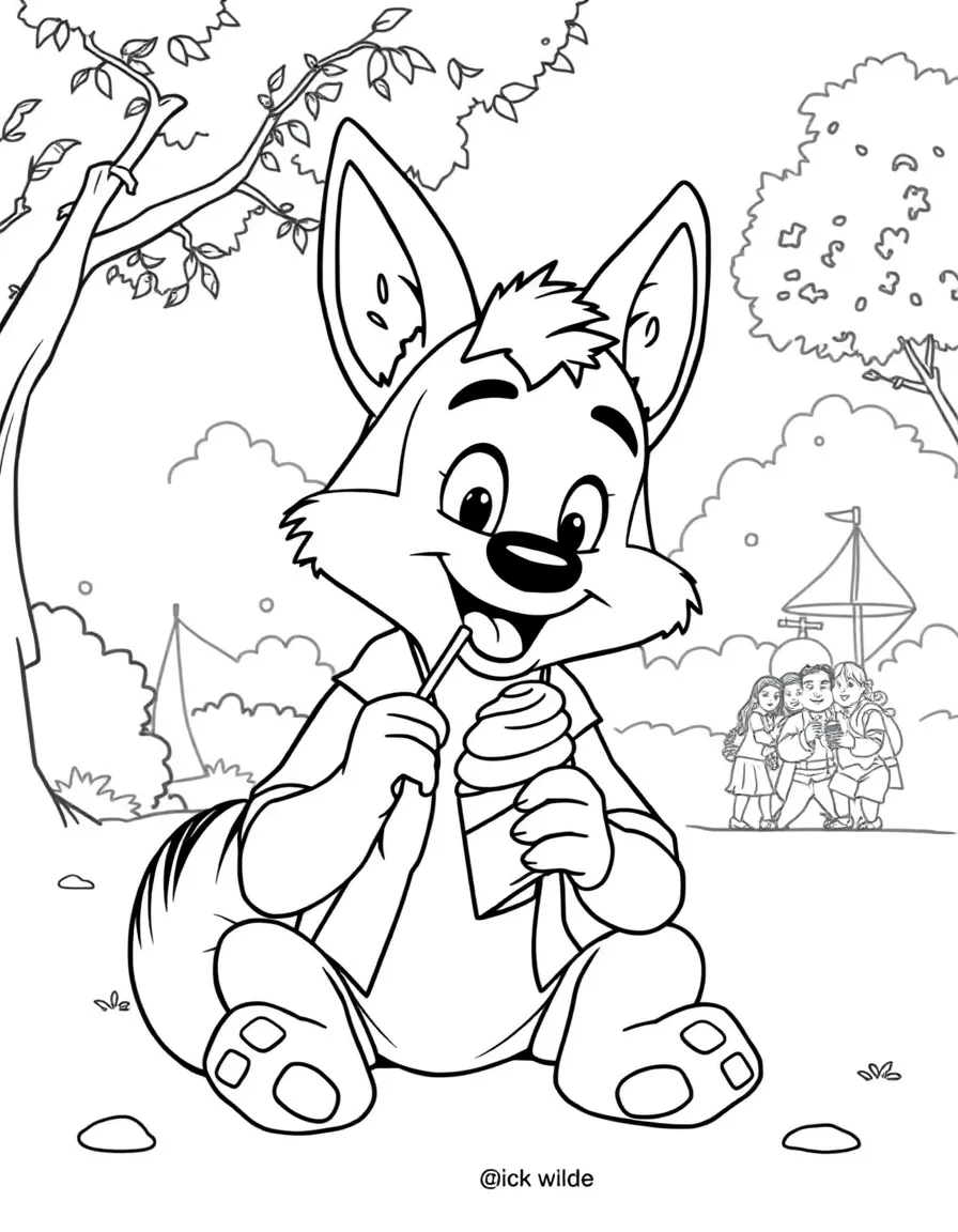 Nick Wilde enjoying a day off, eating ice cream or playing with friends in a park setting.