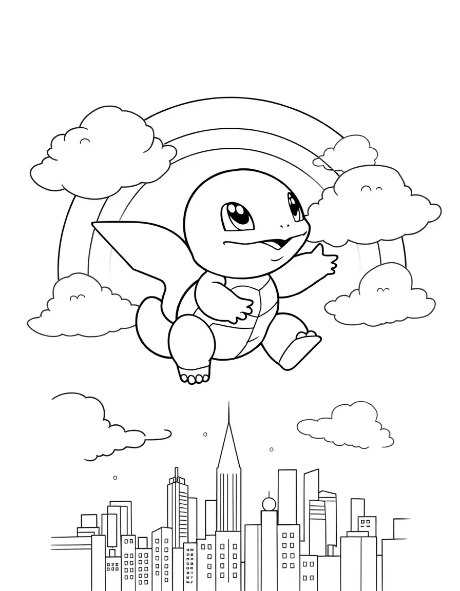 Squirtle flying through the clouds with a rainbow behind and city skyline below.