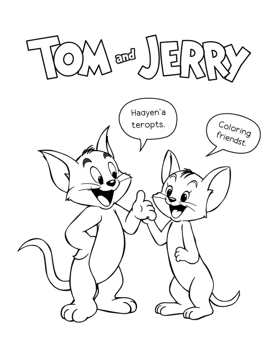 A cartoon-style drawing of Tom and Jerry helping friends, with speech bubbles and cheerful faces.
