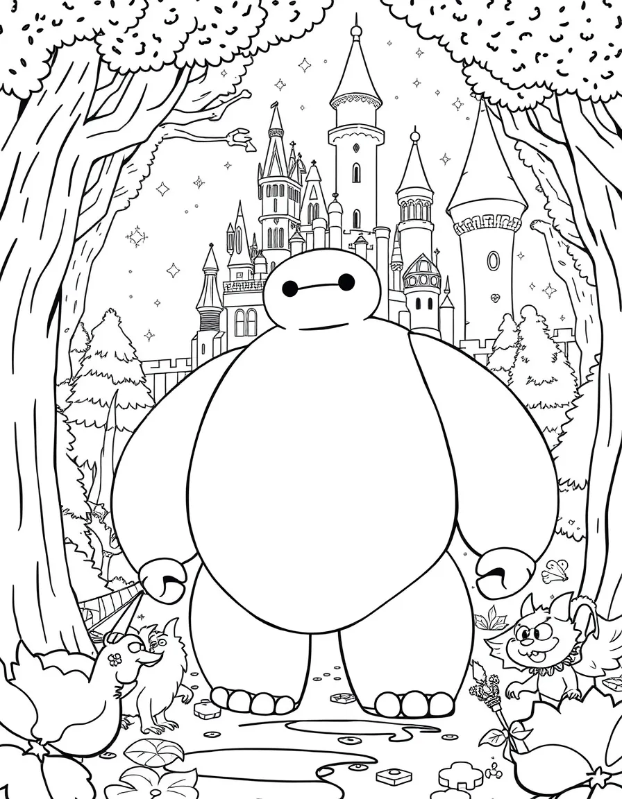 A fantasy background of Big Hero 6 in a magical forest or castle, with sparkles and mystical creatures.