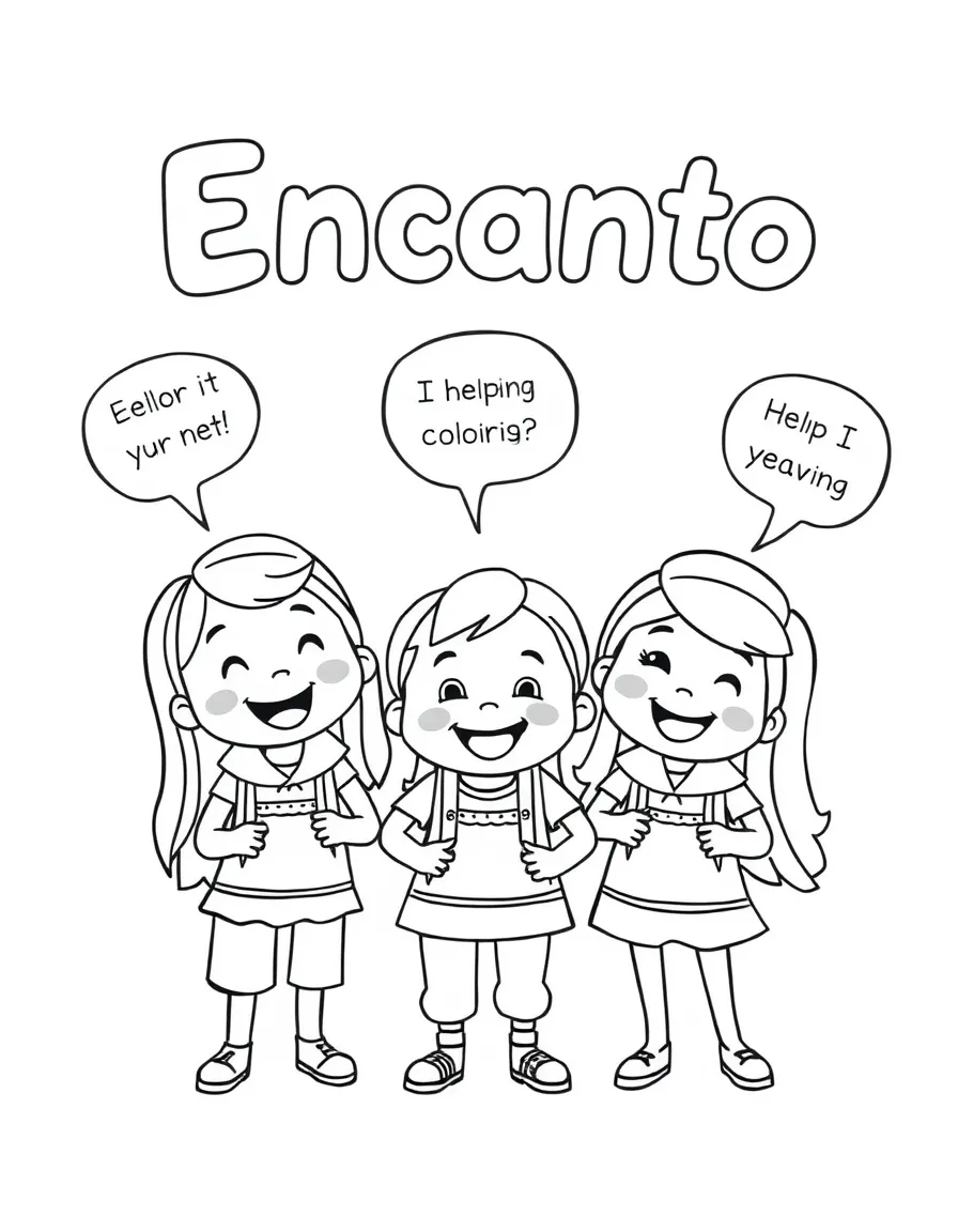 A cartoon-style drawing of Encanto helping friends, with speech bubbles and cheerful faces.