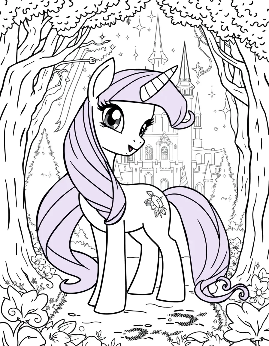 A fantasy background of Twilight Sparkle in a magical forest or castle, with sparkles and mystical creatures.