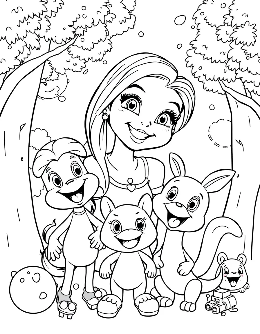 Luisa smiling and posing with their sidekicks, surrounded by trees, toys, or fun backgrounds.