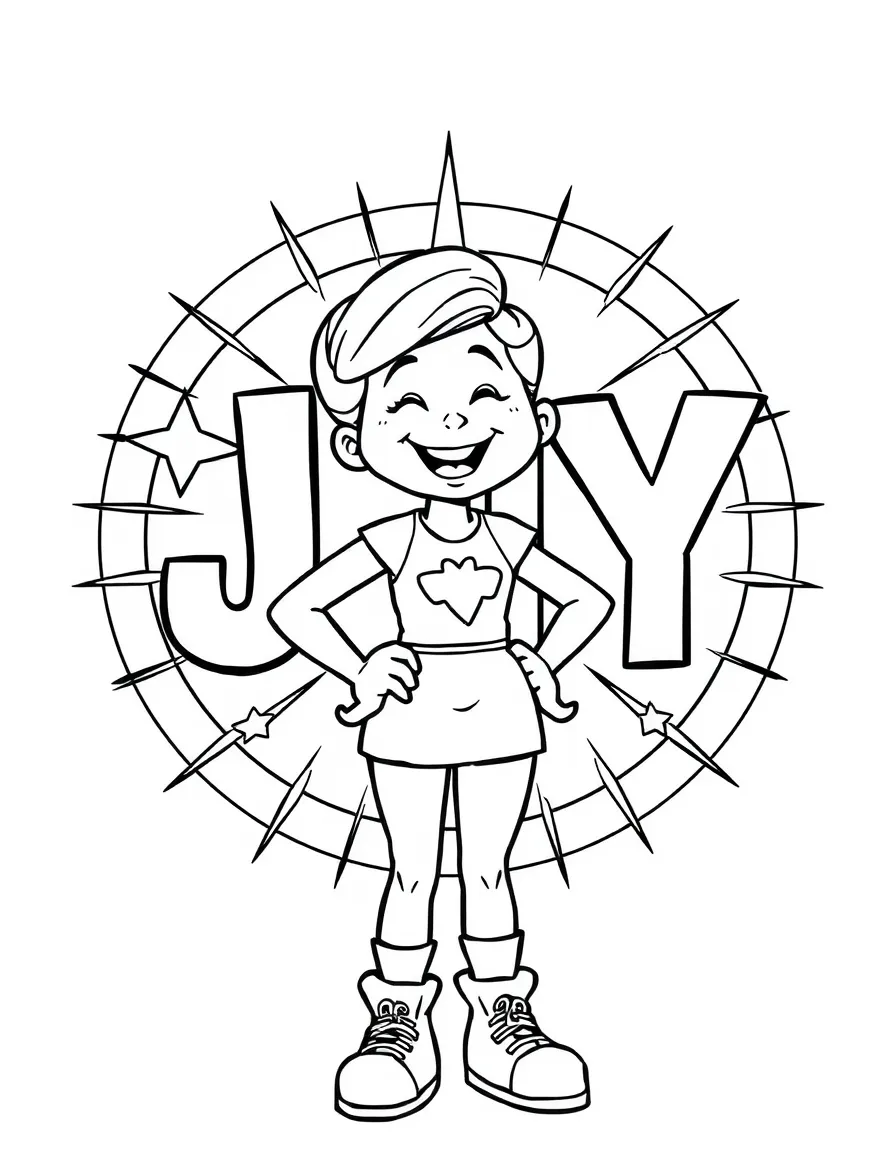 Joy standing proudly in front of their iconic logo with stars and comic-style effects around.