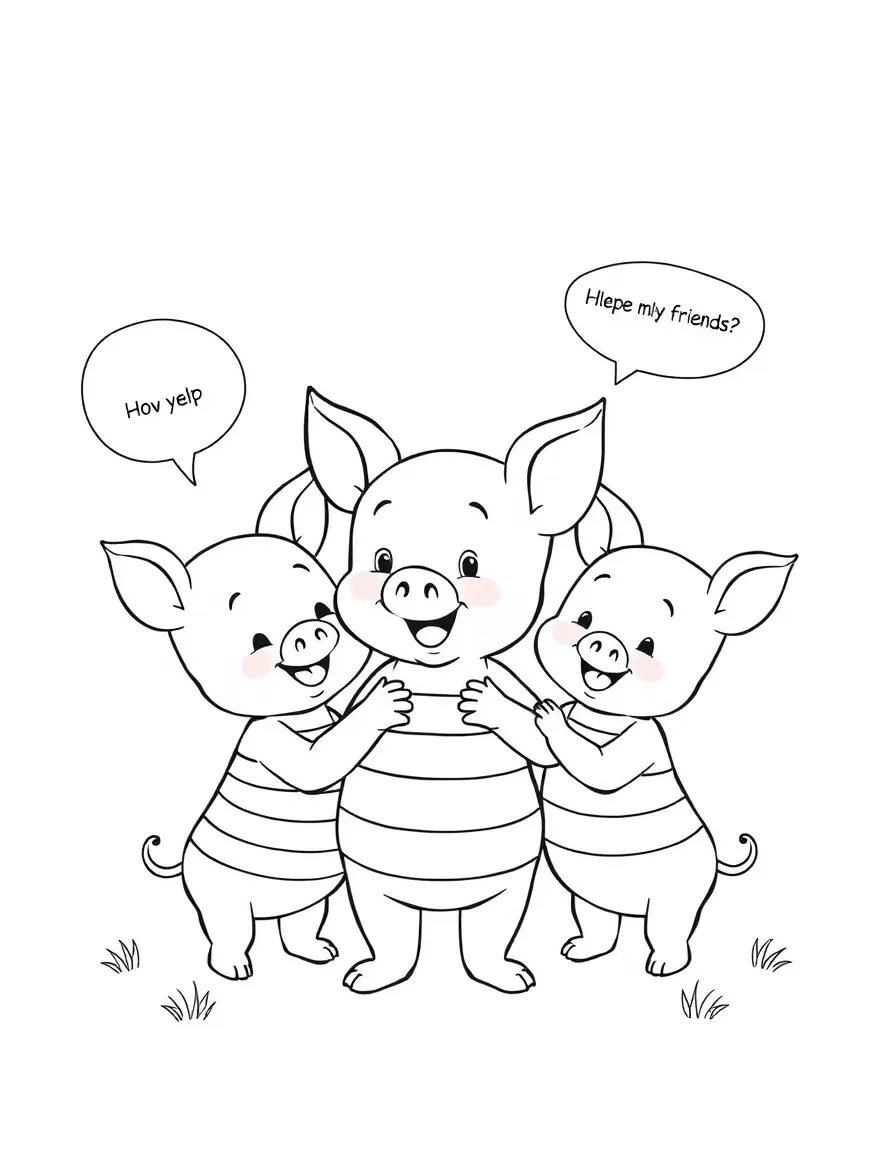 A cartoon-style drawing of Piglet helping friends, with speech bubbles and cheerful faces.