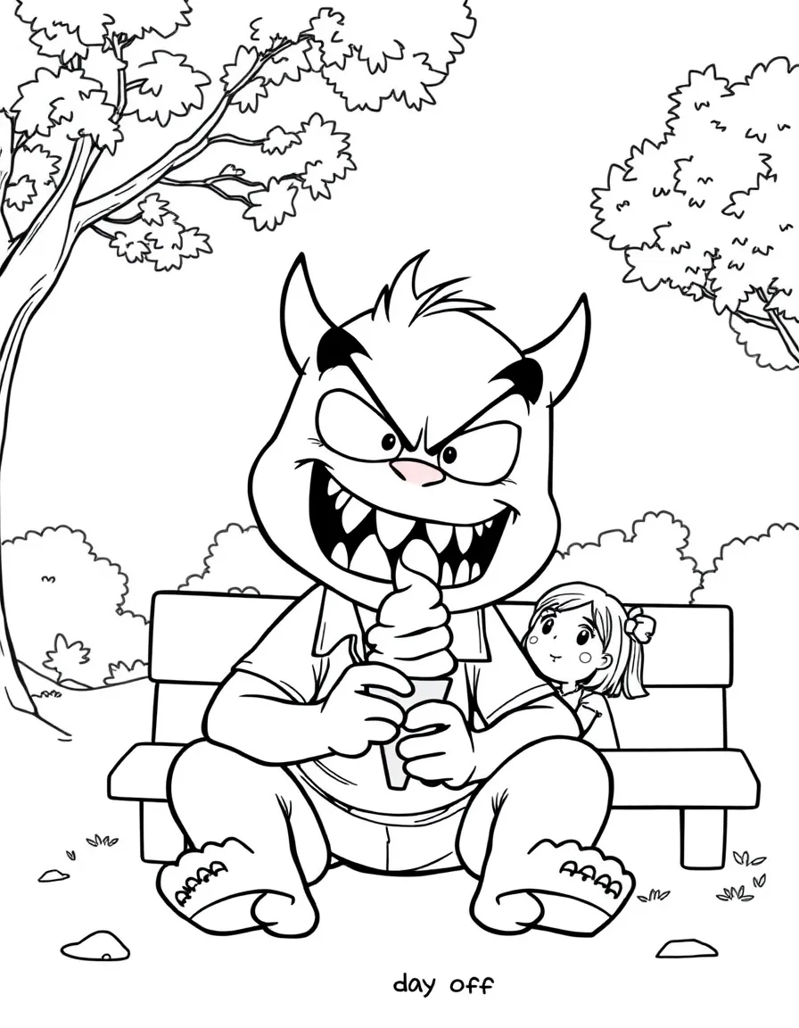 Anger enjoying a day off, eating ice cream or playing with friends in a park setting.