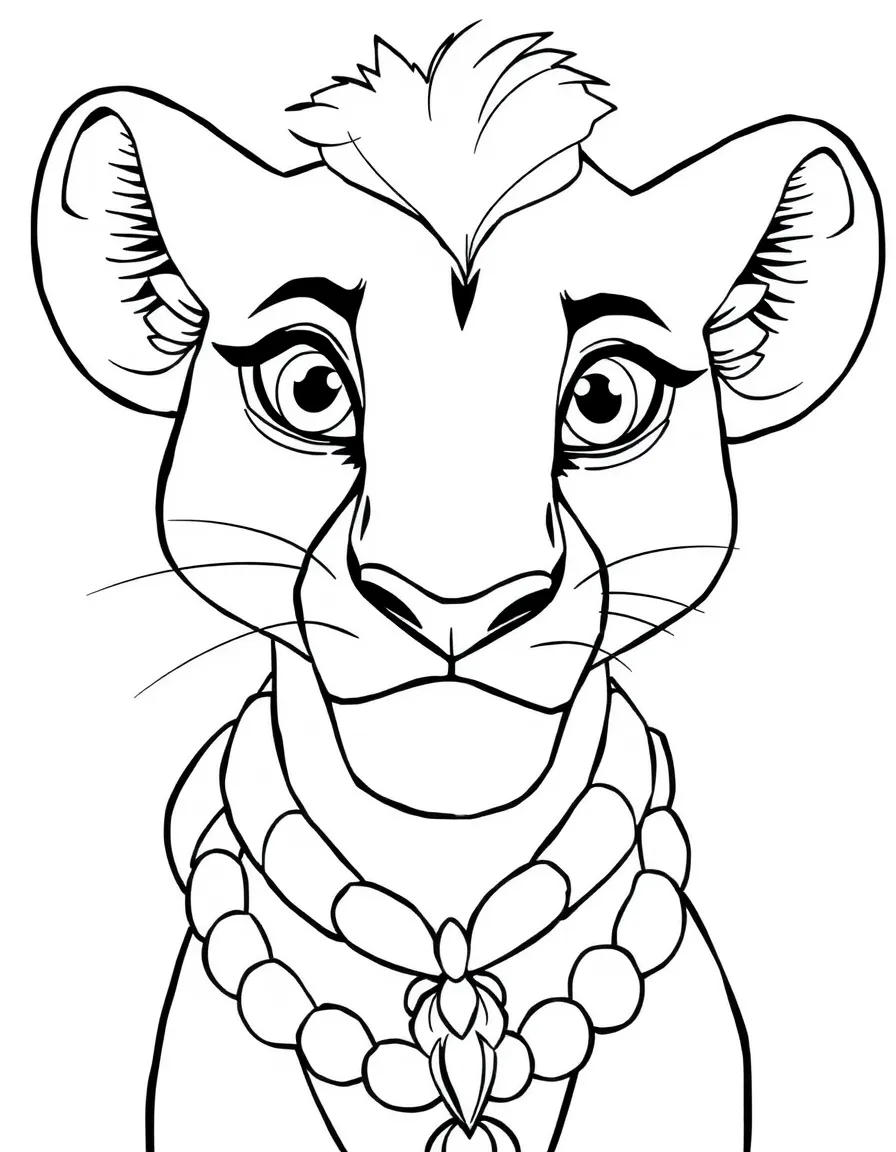A close-up of Nala's face in bold lines with expressive eyes and detailed costume elements.