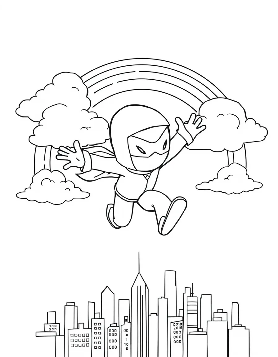 Enderman flying through the clouds with a rainbow behind and city skyline below.