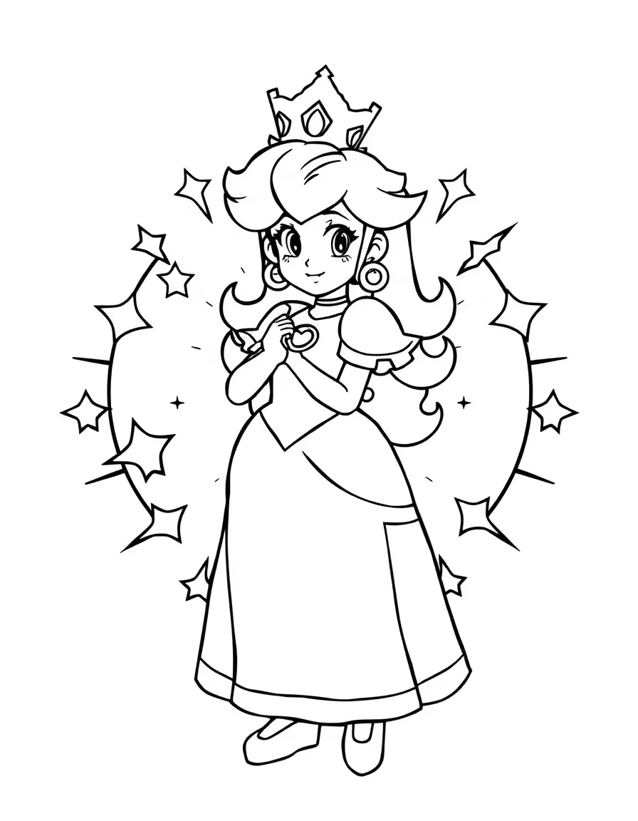 Princess Peach standing proudly in front of their iconic logo with stars and comic-style effects around.