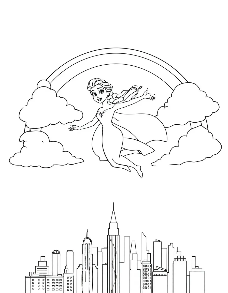 Elsa flying through the clouds with a rainbow behind and city skyline below.