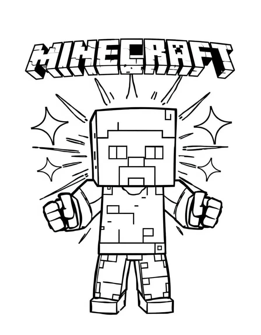 Minecraft standing proudly in front of their iconic logo with stars and comic-style effects around.
