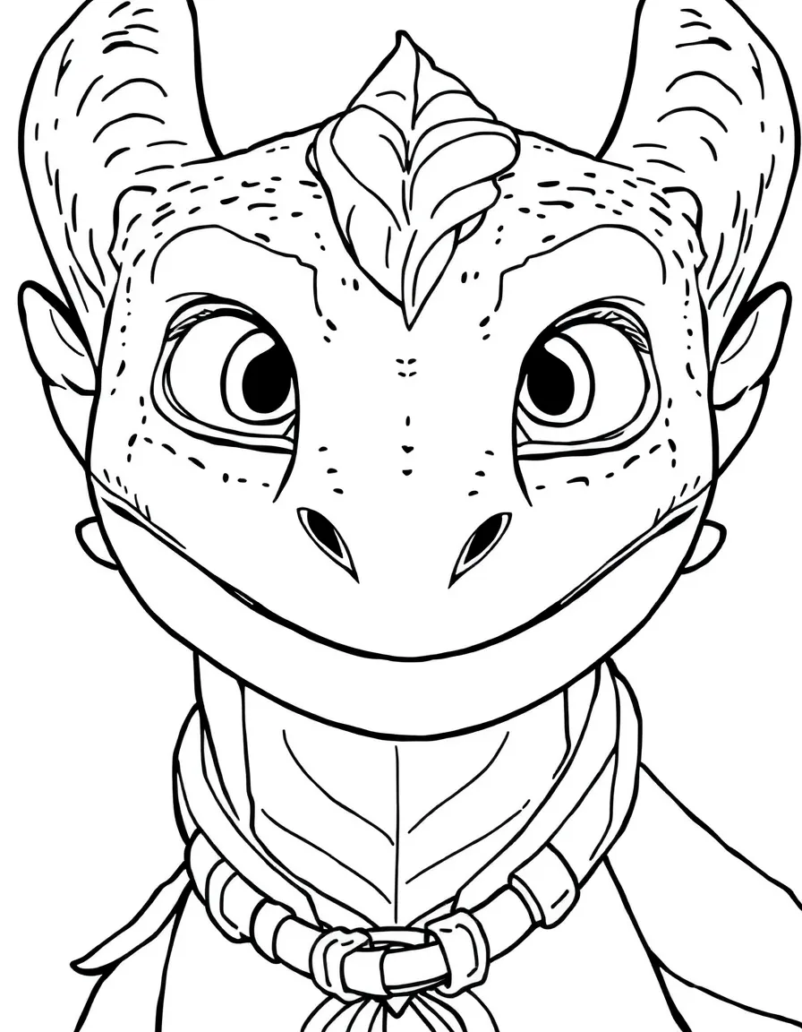 A close-up of How to Train Your Dragon's face in bold lines with expressive eyes and detailed costume elements.