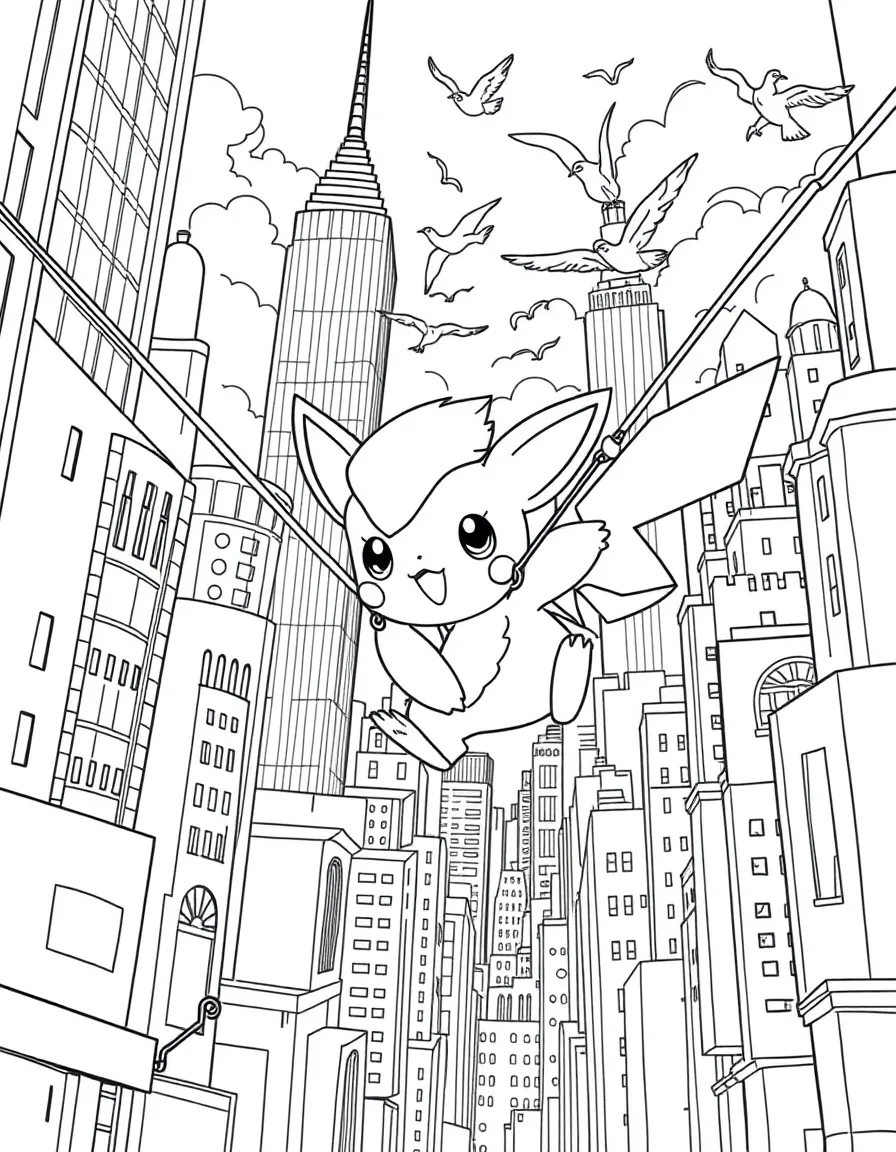 A fun and detailed coloring page of Jigglypuff swinging through a city full of tall buildings and birds.